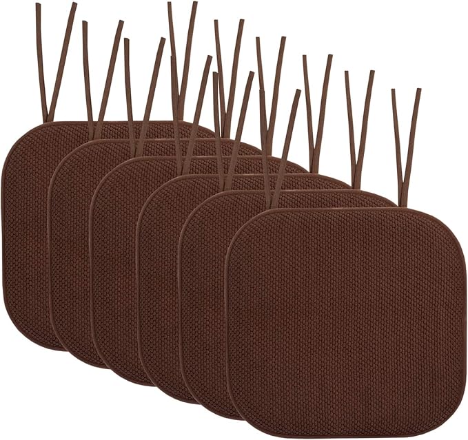 Sweet Home Collection Chair Cushion Memory Foam Pads with Ties Honeycomb Pattern Slip Non Skid Rubber Back Rounded Square 16" x 16" Seat Cover, 6 Pack, Chocolate Brown 6 Pack