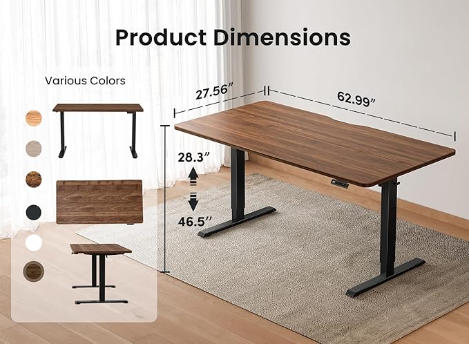 BANTI 63 × 28 Inches Standing Desk, Ergonomic, Electric Height Adjustable, Sit and Stand Up, Computer Desk with a Deeper Desktop, Black Frame/Black Walnut Top