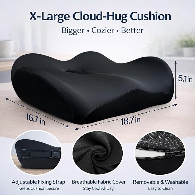 X Large Memory Foam Seat Cushion for Office Chair, High-Density Pad with Non-Slip Bottom and Adjustable Strap, Tailbone Pressure Relief for Long Sitting, Desk Work, Car, Wheelchair, Black