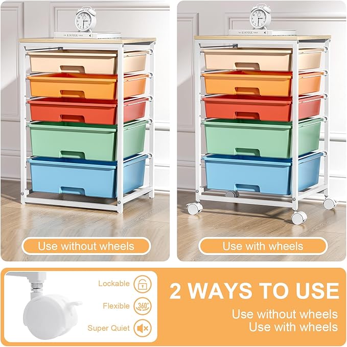 SYKIARIOL Utility Cart with 5 Drawers,Storage Cart with Wooden Tabletop and Lockable Wheels,Craft Storage Trolley Organizer,5-Tier Rolling Utility on Wheels,Macaron