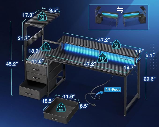 Casaottima 59 Inch Gaming Desk with USB Charging Ports & LED Light - Reversible Computer Desk with 3 Fabric Drawers, Monitor Stand, CPU Stand, Modern Office Desk, Pure Black
