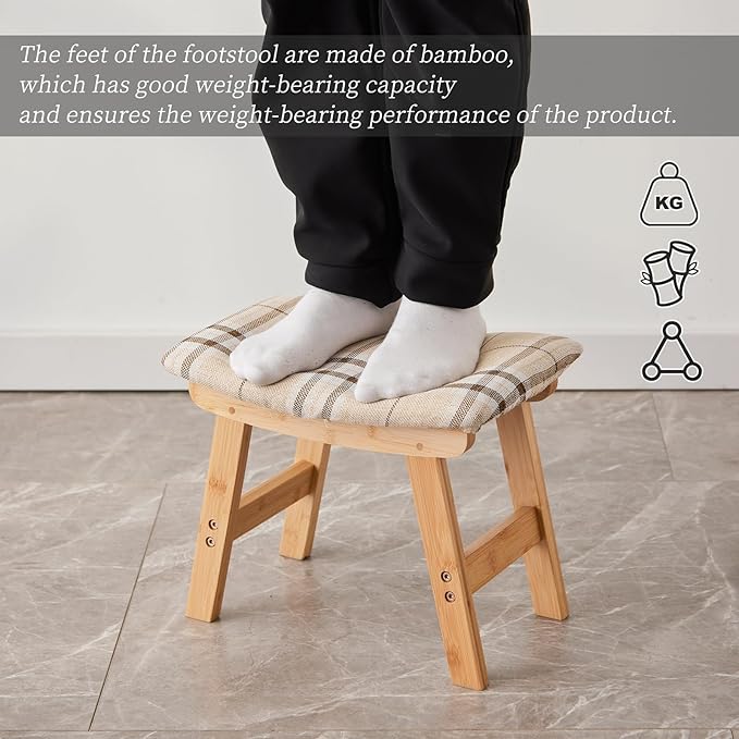 Kitsanery Foot Stool,Ottoman,Bamboo Small Sofa Foot Rest Under Desk,Extra Seating for Living Room, Bedroom and Kitchen (Natural Stool Legs - Stripes Surface)