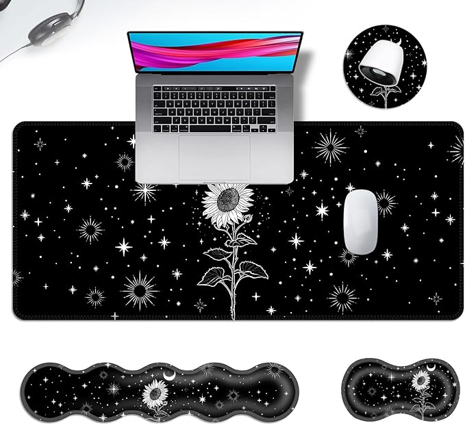 Ergonomic Mouse Pad Set with Wrist Support for Keyboard and Wrist Rest for Mouse, Memory Foam Comfort, Non-Slip Large Desk Mat for Home Office Pain Relief,Black and White Sunflower