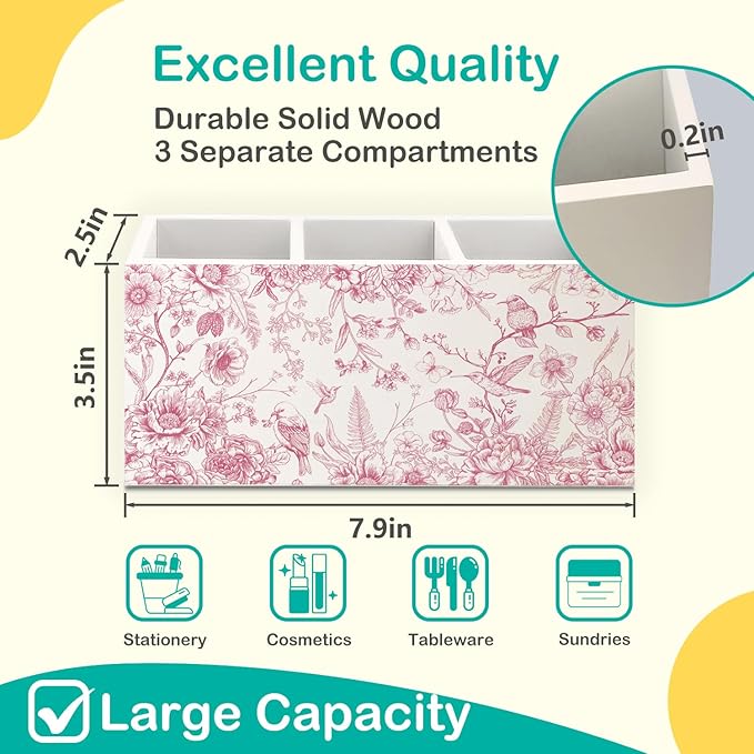 Chinoiserie Floarl Pen Holder for Home Office Desk, Vintage Home Decor, Chinoiserie Blue and White Floral Birds Makeup Brush Toothbrush Holder Organizer for Bathroom Desk Accessories(Pink)