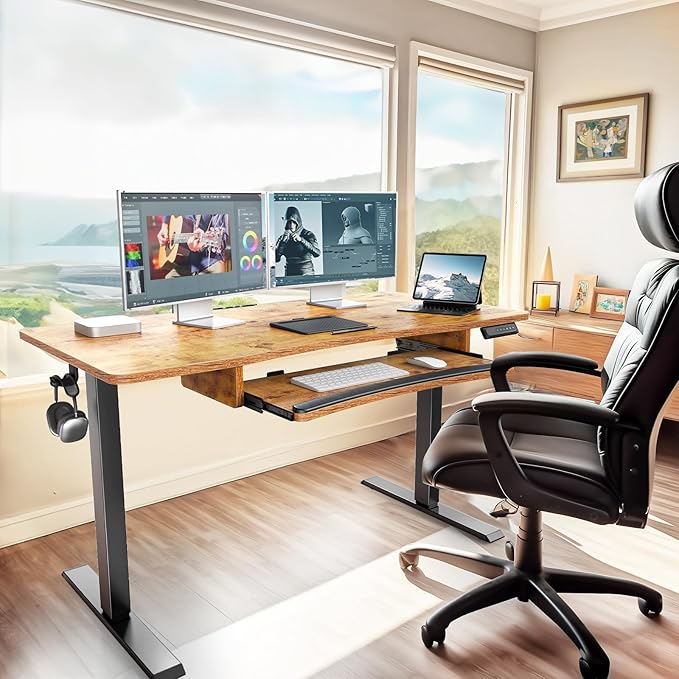 HUANUO Standing Desk Adjustable Height, 55" x 24" Electric Stand Up Desk for Home Office with Large Keyboard Tray(26.7"), 4 Memory Height Setting, Computer Workstation, Vintage