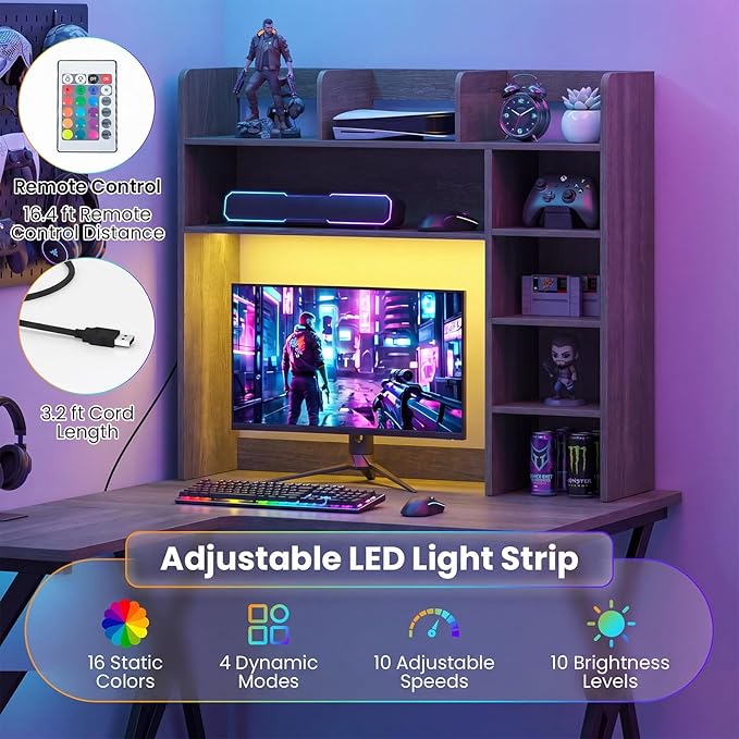 Tangkula Desktop Bookshelf with LED Lights, Desk Hutch with 8 Shelves for Max 25" Monitor, Desktop 5-Tier Display Rack, Multipurpose Wood Desktop Storage Hutch Organizer for Dorm Office Home (Grey)