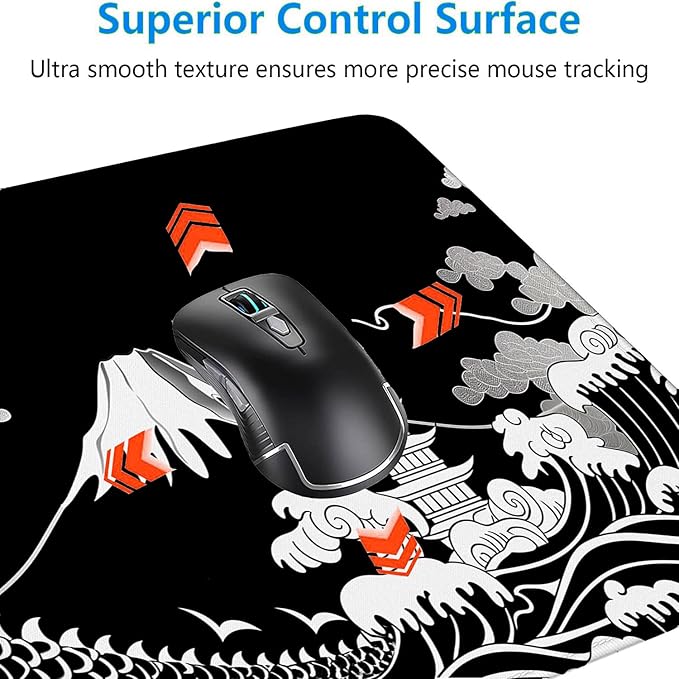 Dragon Desk Mat Gaming Mouse Pad Black White Japanese Sea Wave Extended Gaming Mouse Pad Mat with Stitched Edge Non-Slip Base Big Mouse Pad Office Computer Keyboard Laptop Home 31.5"x11.8"