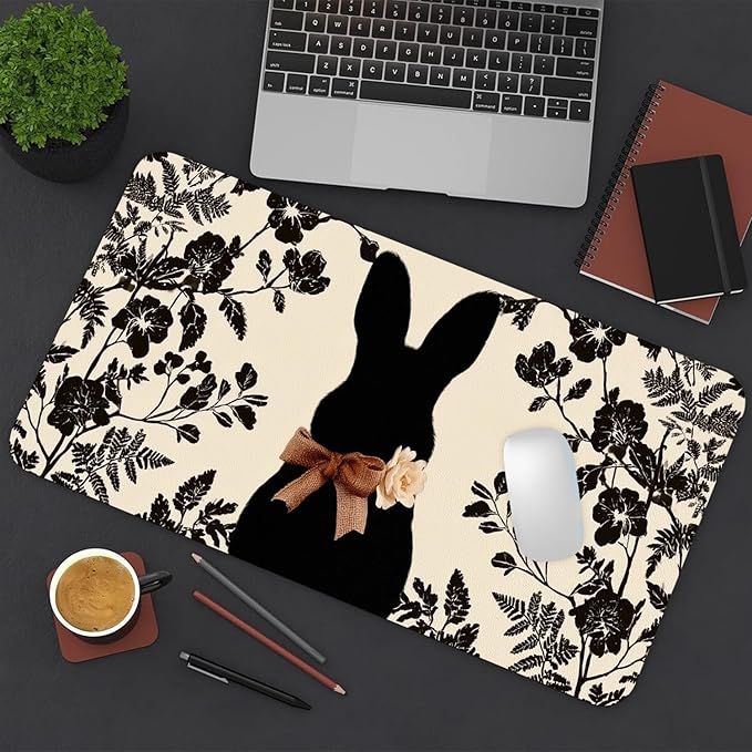 Easter Mouse Pad PU Leather Black Rabbit Desk Mat Large Waterproof Gaming Pad Non-Slip Keyboard Mouse Pad Writing Pad for Gamer Office&Home
