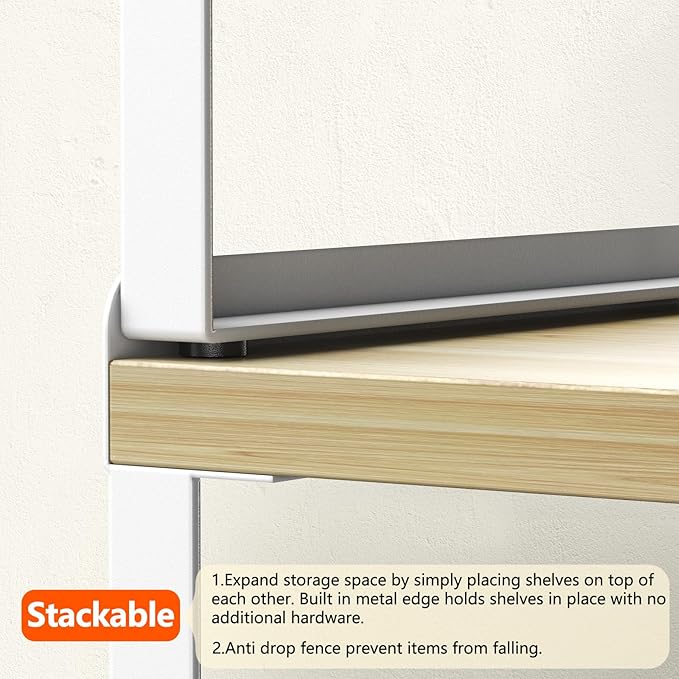 2 Sets Desk Shelves for Top of Desk, 2 Tier Independent Stackable Desktop Shelves, Desktop Organizer Shelf, Adjustable Bookshelf,Metal and Engineered Wood, (White+mapple)