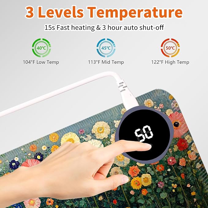 Heated Mouse Pad,Warm Desk Pad with 3 Levels Heating & 3 Hours Auto Shut-Off, PU Leather Heated Desk Pad Warmer Pad for Home Office - 31.5 x 13 inch,Wildflowers