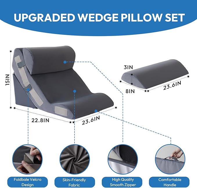 Ahpmeoa 4PCS Wedge Pillow Set for After Surgery, Back Pillow for Bed Sitting up, 10-in-1 Foam Wedge Pillow for Acid Reflux & Back Pain Relief, Post Surgery Pillow for GERD & Snoring, Plush Grey