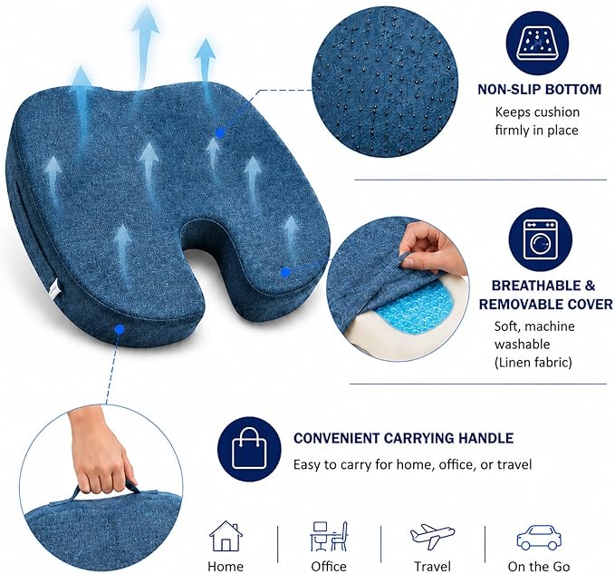 Gel Memory Foam Seat Cushion for Long Sitting with Removable Cover – Cooling Breathable Support for Tailbone, Coccyx, Sciatica, Back Pain Relief - for Office Chairs, Car Seat, Wheelchair (Blue)