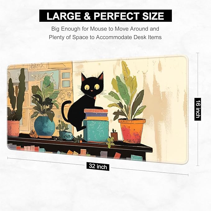 Desk Pad, 32" x 16" XXXL Extended Large Gaming Mouse Pad, Desktop Decor Desk Mat, Men Women Office Supplies and Accessories, Cute Anime Mouse Mat for Laptop & Keyboard, Plant Black Cat