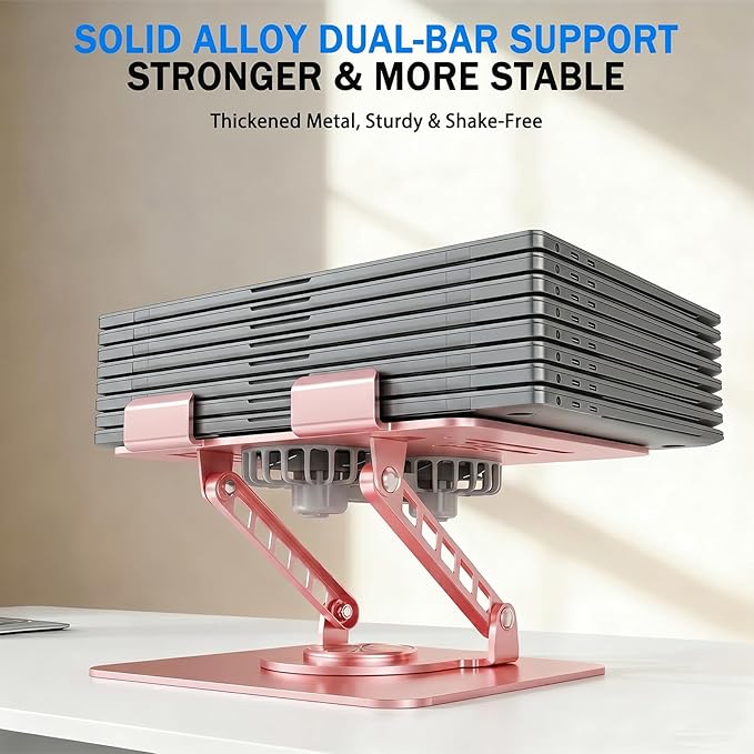 Laptop Stand with Cooling Fan, 360° Rotating Base Aluminum Laptop Riser, Foldable Ergonomic Computer Stand for Desk, Height Adjustable Notebook & All Laptops Up to 17.3" (Pink)