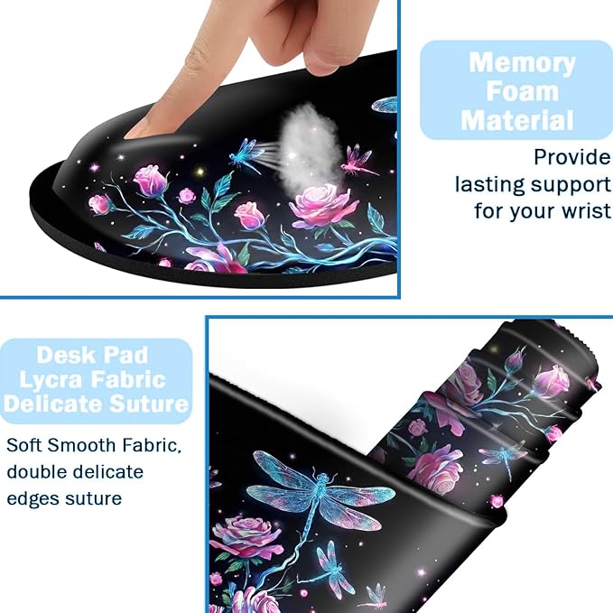 Ergonomic Mouse Pad Set with Wrist Support for Keyboard and Wrist Rest for Mouse, Memory Foam Comfort, Non-Slip Large Desk Mat for Home Office Pain Relief,Rose Dragonfly
