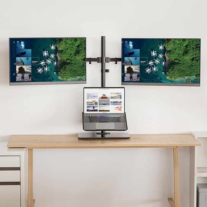 WALI Dual Monitor Stand with Laptop Holder, Height Adjustable Laptop Stand for Desk, Fits up to 27 inch Monitors and 17 inch Laptops, Freestanding Dual Monitor Mount with Glass Base(GMF003LP), Black