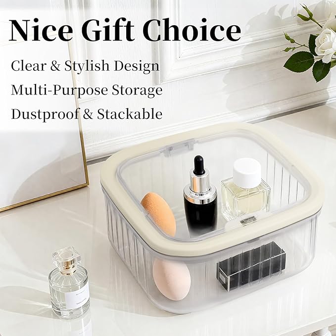 THMINS 2 Pack Hair Accessories Organizer for Girls,Small Plastic Storage Box with Lid for Kids Hair Clips,Ties,Bows&Jewelry,Stackable Dust-Proof Flip Top Container,Desktop Organizer(Grey)