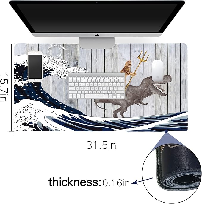 Funny Cat Dinosaur XXL Mouse Pad,Super Thick Waterproof Large Gaming Mousepad with Stitched Edge,Mouse Computer Desk Accessories,Non-Slip Base Mouse Keyboard Mat 31.5"X15.7"X0.16"