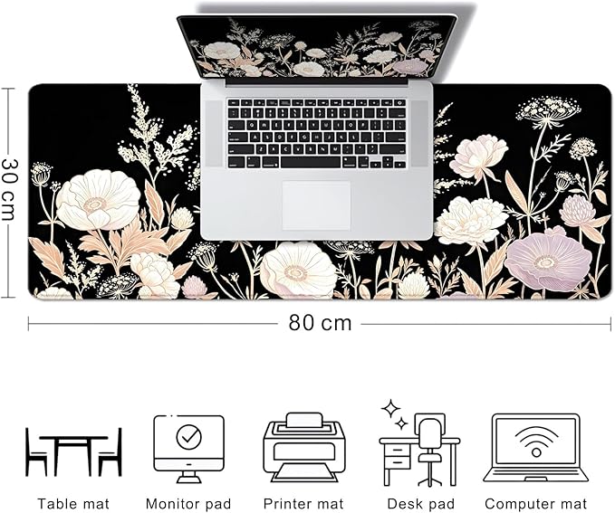 Boho Floral Large Mouse Pad, Black Aesthetic Wildflower Desk Mat, Non-Slip Extended Keyboard Pad, Retro Flower Vintage Botanical Art Mousepad for Women Home, Office, Gaming, 31.5x11.8 Inch