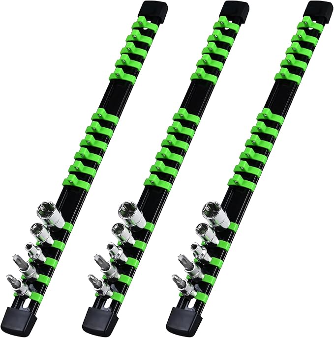 Heavy Duty Socket Holder Kit, ABS Socket Rail 1/4-Inch x 16 Clips Green, 3 Pieces