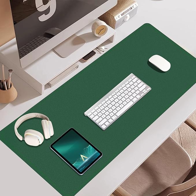 Large Desk Pad 35.4" x 17", Non-Slip Desk Mat with PU Leather & Natural Cork, Waterproof Writing Desk Natural Cork, Computer Mat Desk Protector for Office Home, Dark Green