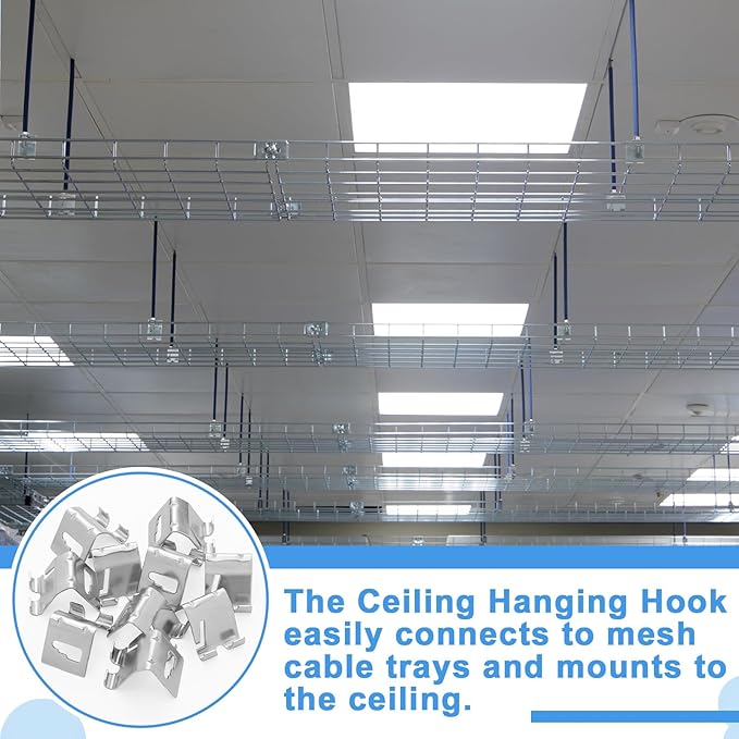 Shimeyao 10 Pcs Wire Mesh Cable Tray Ceiling Hanging Hook, Basket Tray Ceiling Support Hang Bracket, Galvanized Steel Hanging Hook for Network, Fiber Optic, Cabling Accessory