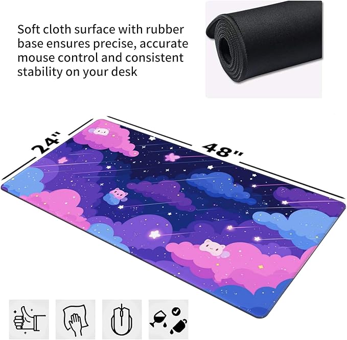 Extra Large Mouse Pad 48x24 Inch, Cute Cartoon Cat Starry Sky Desk Mat with Non-Slip Base, Purple Mousepad for Gaming Office, Soft Keyboard Mat for Full Desk Coverage