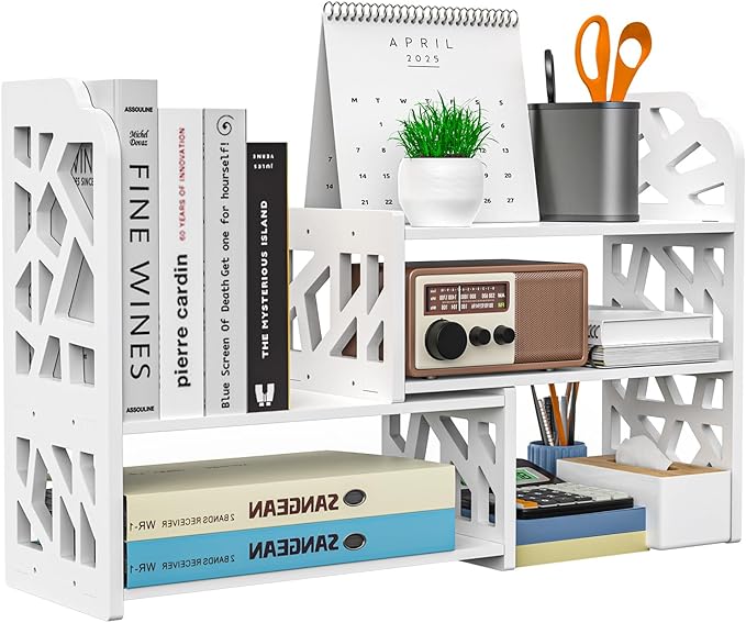 Desktop Shelves, Adjustable White Bookshelf Desktop Organizer and Desktop Storage