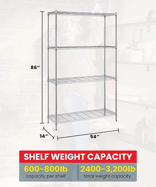 Quantum Storage Systems WR86-1454C Starter Kit for 86" High 4-Tier Wire Shelving Unit, Chrome Finish, 14" Width x 54" Length x 86" Height