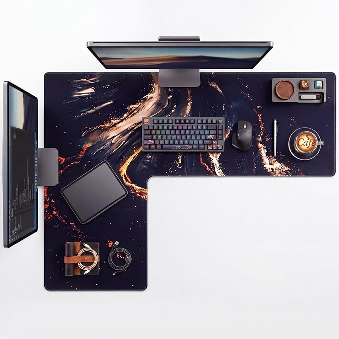 Relaxweex L Shaped Desk Mat for 90° Corner Desks, 53.1" x 39.4" Large Black Waterproof Mouse Pad with 18.9" Wide Arms, Non-Slip Rubber Desk Protector for Office, Computer and Gaming