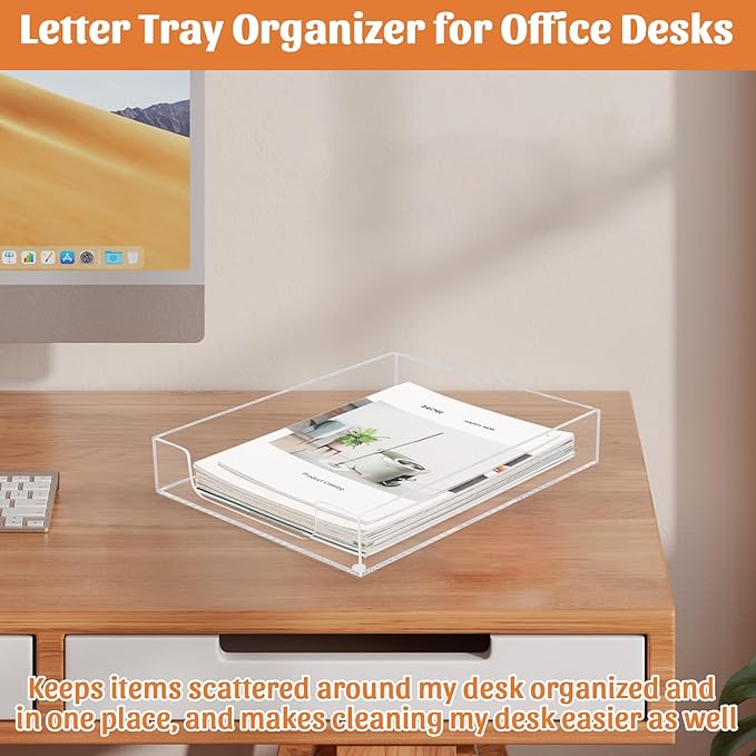 Letter-Size Tray Desk Letter Tray Paper Tray, Sturdy Heavy-Duty Plastic Printer Paper Tray, Single-Tier Stackable File Storage Organizer for Office Home (Clear)