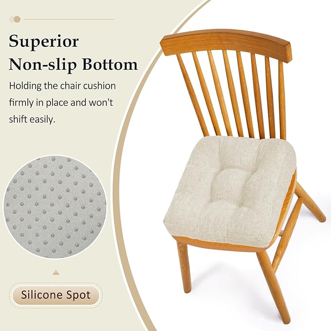downluxe Chair Cushions for Dining Chairs 2 Pack, Tufted Indoor Chair Pads with Non-Slip Bottom, U-Shaped Kitchen Chair Cushions, 17"x17"x4", Beige