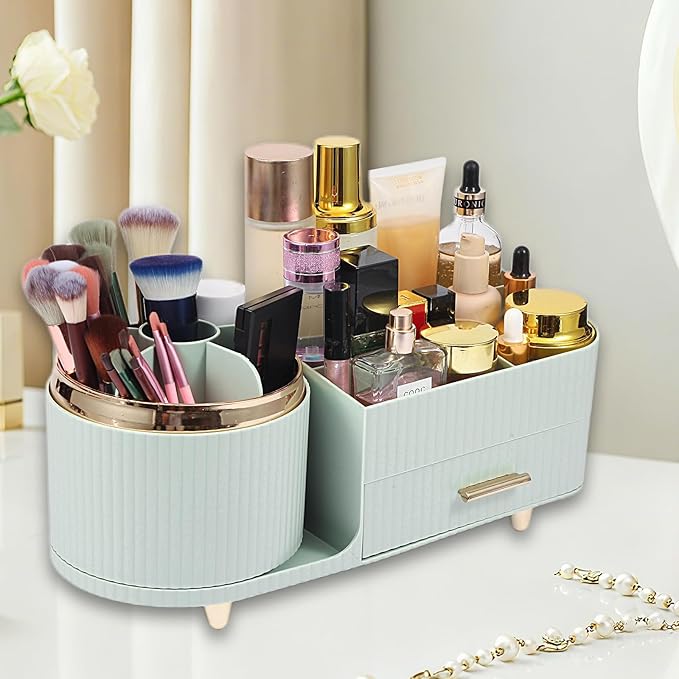 Makeup Organizer Countertop with Drawer 360 Rotating Brush Holder Storage Large Capacity Skincare Cosmetic Display Cases for Vanity Bathroom Desktop, Model 3016 Green