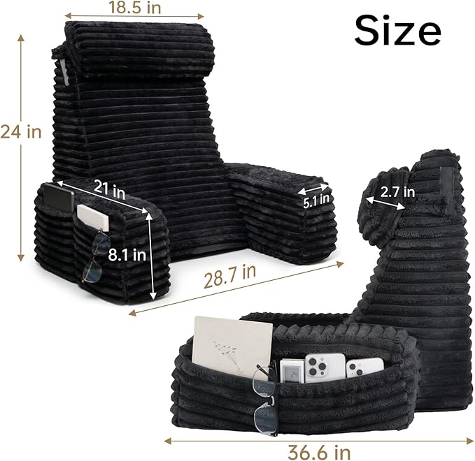 ENITYA Reading Pillow for Bed Sitting Up, 24” XXL Back Support Pillow with Arms & Large Pockets, Adult Backrest for Reading, TV, Gaming, Post-Surgery, Black