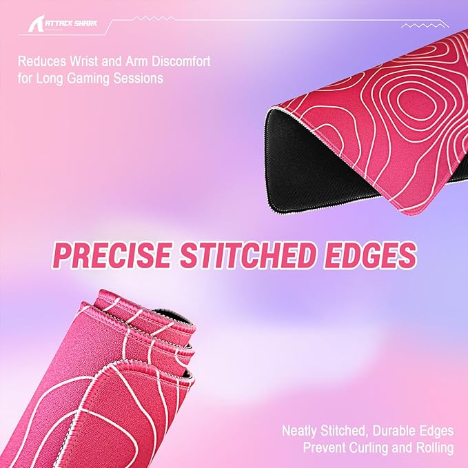 ATTACK SHARK CM02SE Gaming Mouse Pad for Esports Speed Mouse mats for Desk Waterproof Surface Stitched Edges and Anti-Slip Rubber Base Size M Laminate 16.14”x12.20”x0.16” Pink Contour