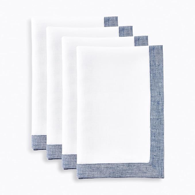 Solino Home Linen Napkins Set of 4-100% Pure Linen Chambray Indigo and White Dinner Napkins Cloth 20 x 20 Inch for Spring, Summer - Classic, Handcrafted and Machine Washable