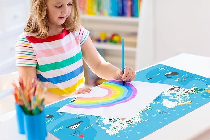 Kid's Desk Mat Cute Early Education Leather Desk Mat, Kawaii Blue Toddler World Map Waterproof Desk Writing Pad, Large Keyboard and Mouse Mat for Classroom/Kindergarten(35.4" X 15.7")