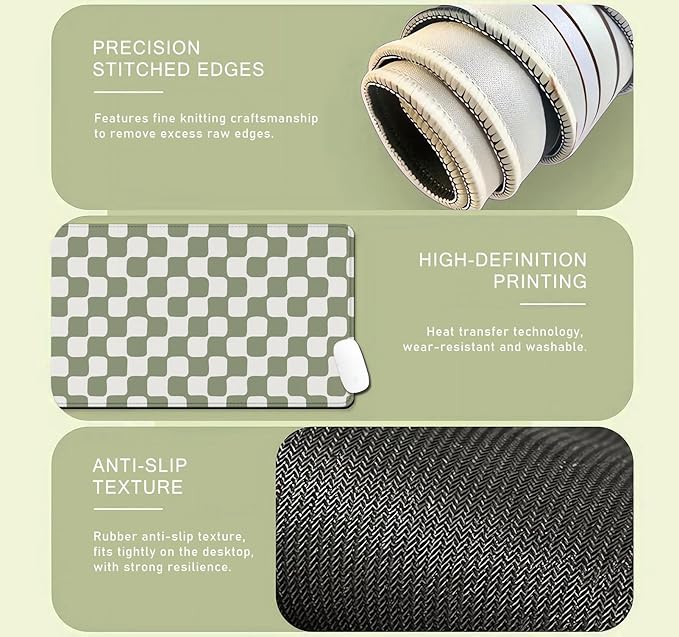 Retro Checkerboard Grid Pattern Extended Mouse Pad, Beige Sage Green Wavy Checkered Desk Mat, Non-Slip Large Gaming Mousepad for Computer Laptop Decor, 31.5x11.8 inch