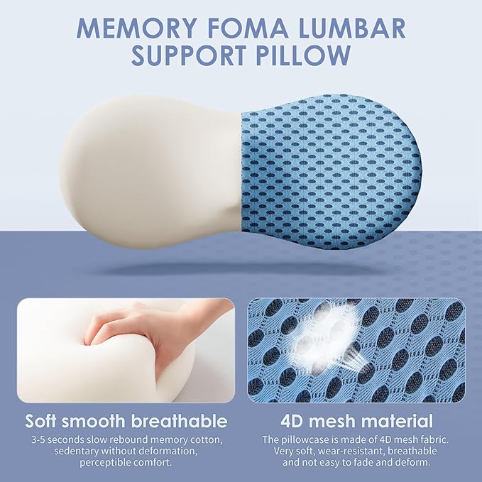 kasney Lumbar Support Pillow, Memory Foam Lumbar Pillow for Lower Back Pain Relief, Back Support Pillow for Office Chair, Car Seat - Blue
