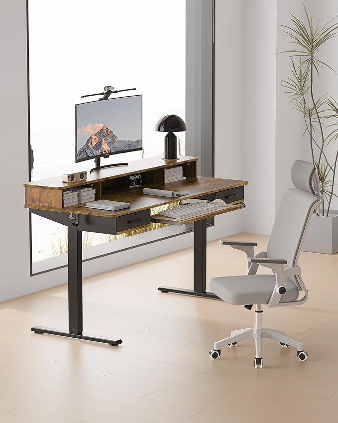 Electric Standing Desk with Keyboard Tray, 63x24 Inches Height Adjustable Stand up Desk with 2 Drawers, Ergonomic Sit to Stand Table with Storage Monitor Stand, Rustic Brown