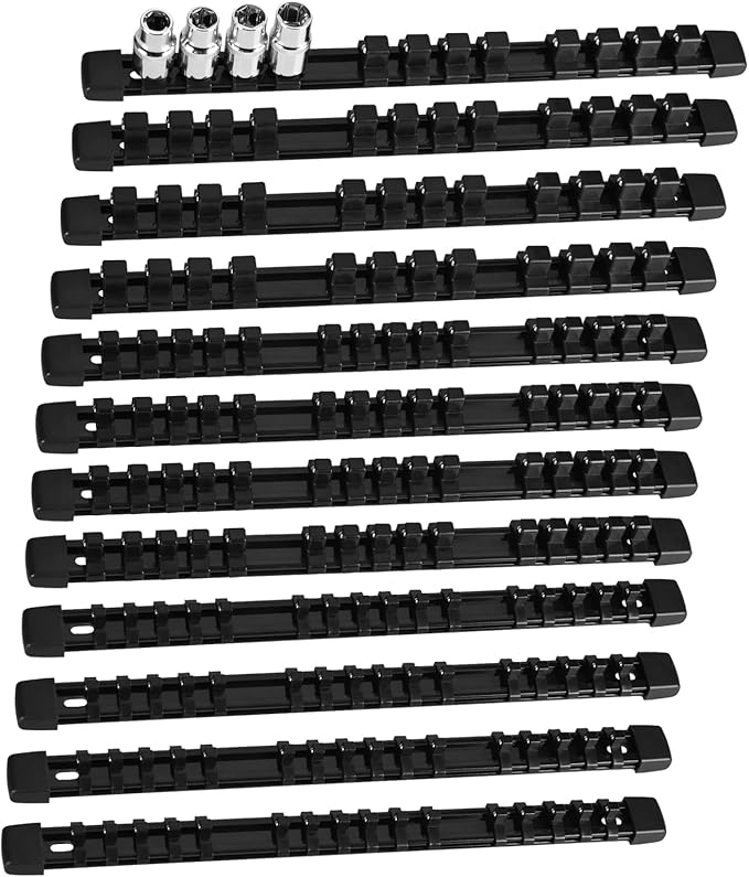 Socket Organizer Set 12PCS ABS Socket Holder Kit, 1/4-Inch x 64 Clips, 3/8-Inch x 60 Clips, 1/2-Inch x 48 Clips Socket Set Organizer, Drive Socket Tray, Socket Holders Clip Socket Rail, Black
