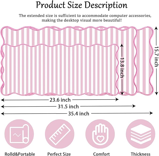 Scalloped Desk Mat Extended Large Cute Striped Mouse Pad Big Desk Pad XXL Aesthetic Stripe Mousepad Gaming Mouse Pad for Keyboard Computer Laptop Home Office Accessories 31.5X15.7Inches Pink White