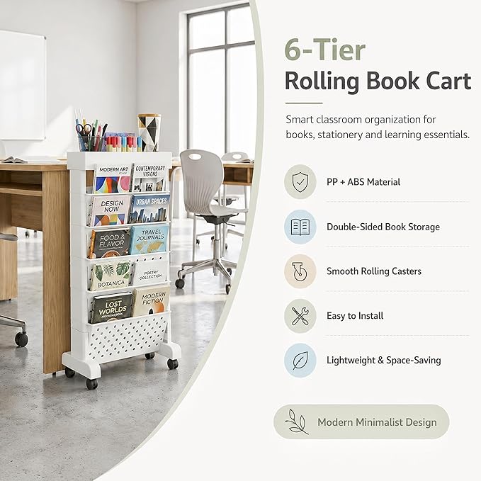 6-Tier Mobile Bookshelf, Rolling Bookcase Book Storage Rack, Movable File Folder Organizer Cart with Wheels for Home Study Office Living Room Classroom, White