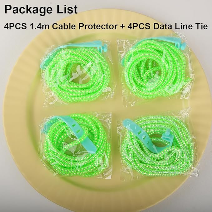 4pcs 1.6M(5.25FT) Spiral Cable Protector, Multicolor Suitable for Most Phone/Pad/Laptop USB Wire Cord Savers Protection Cover Anti-Break Wrap Charger Data Line Cables Sleeves, Laser Green