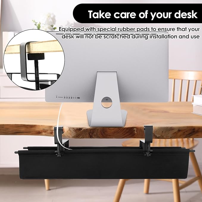 No Drill Under Desk Cable Management Tray, Under Table Wire Organizer with 2 Hook Versatile Clamp Mount Cable Basket to Hide Cords, Cord Holder Tray, Cord Tidy Basket for Home Office Study Use