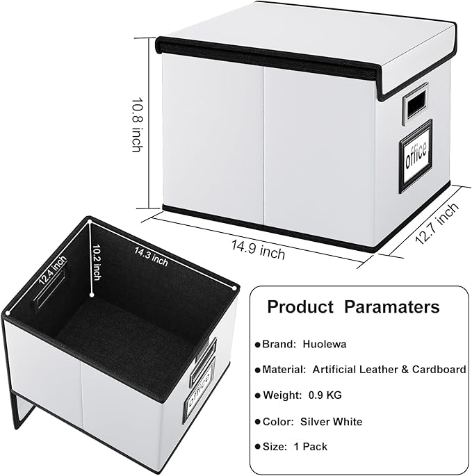 File Organizer Box with Lid, Collapsible Faux Leather Hanging File Folder Box Organizer with Plastic Slides, Decorative Home/Office Filing System Boxes for File and Folders Storage