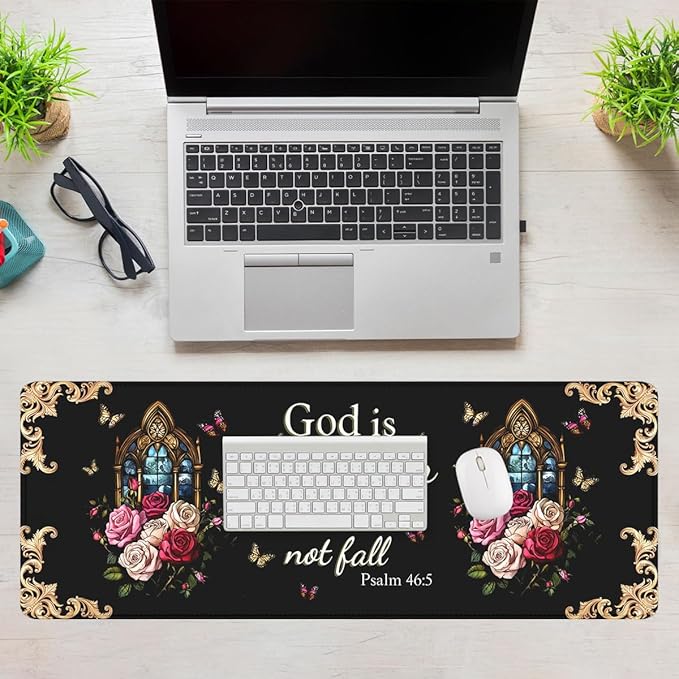 Christian Gaming Mouse Pad Bible Verse Psalm Floral Faith Extended Gaming Mouse Pad Mat with Stitched Edge Non-Slip Base Big Mousepad 31.5"x11.8"