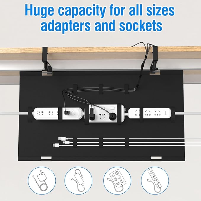 No Drill Under Desk Cable Management Tray, 28" Cord Management Tray with Cable Loop, Upgraded Oxford Fabric Wire Management for Standing Desk - No Damage to Table