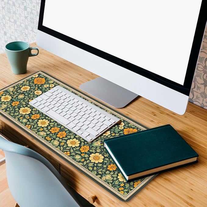 Vintage Floral Mouse Pad, Dark Green Orange Garden Gaming Desk Mat Extended Laptop Keyboard Non-Slip Rubber Base with Stitched Edges for Home, 31.5x11.8in Desk Home Office Gaming