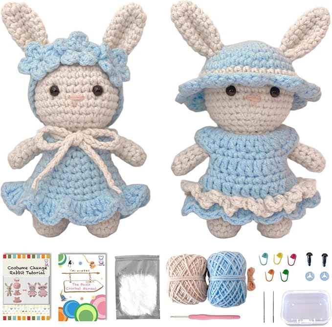 LoopMap Amigurumi Crochet Kit for Beginners with Removable Dress & Video Tutorials, DIY Bunny Making Kit Includes Premium Yarn & Tools, Creative Gift for Adults Teens (Blue)